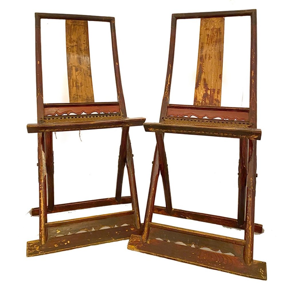 17th Century Chinese Folding Traveling Chairs, 1630s, Set of 2